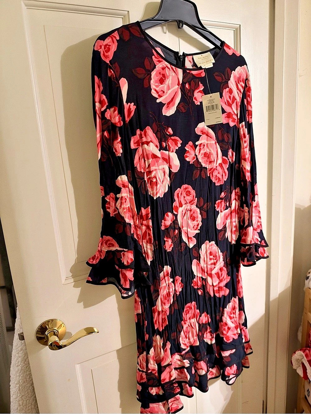 kate spade Rosa Ruffle Shift Dress Floral Mini Dress in Black & Pink Size XL NWT